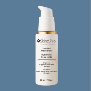 bottle of SKINZ Pro ClearSkin Moisturizer with gold lid – acne-safe daily moisturizer with niacinamide and hyaluronic acid