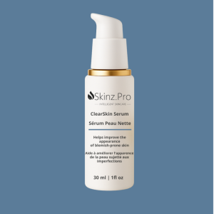 bottle of SKINZ Pro ClearSkin Serum with gold lid – professional anti-acne serum with salicylic acid and niacinamide
