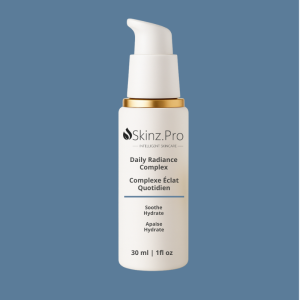 bottle of SKINZ Pro Daily Radiance Complex with gold lid – calming anti-redness serum for sensitive skin and post-procedure care