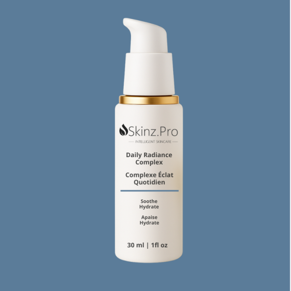 bottle of SKINZ Pro Daily Radiance Complex with gold lid – calming anti-redness serum for sensitive skin and post-procedure care