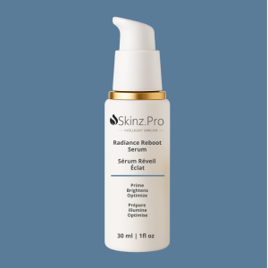 bottle of SKINZ Pro Radiance Reboot Serum with gold lid – anti-aging and brightening serum with kojic acid and bakuchiol