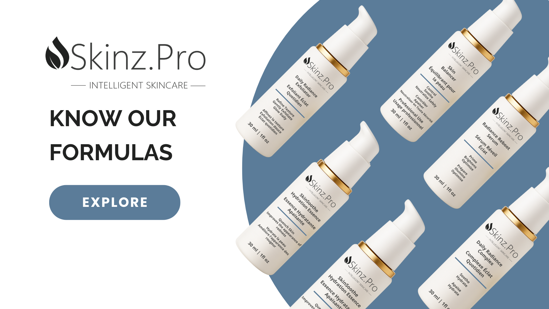 Banner image displaying Skinz.Pro skincare products with the text “Know Our Formulas” and an “Explore” button.