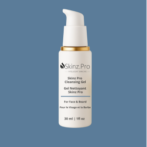 Skinz Pro Cleansing Gel bottle for face and beard with white label and gold pump
